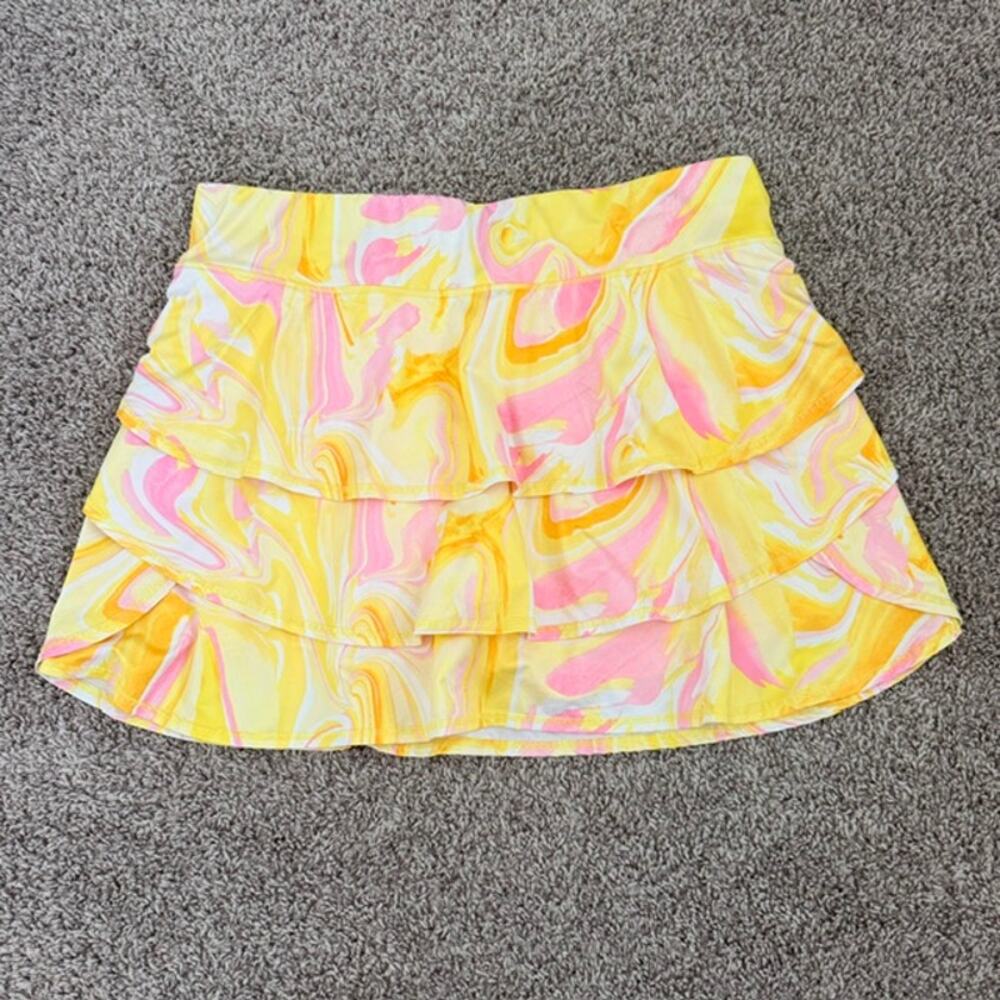 Ideology Skort Women's 1X Yellow & Pink Mod Swirl Layers Ruffles Flounce Stretch